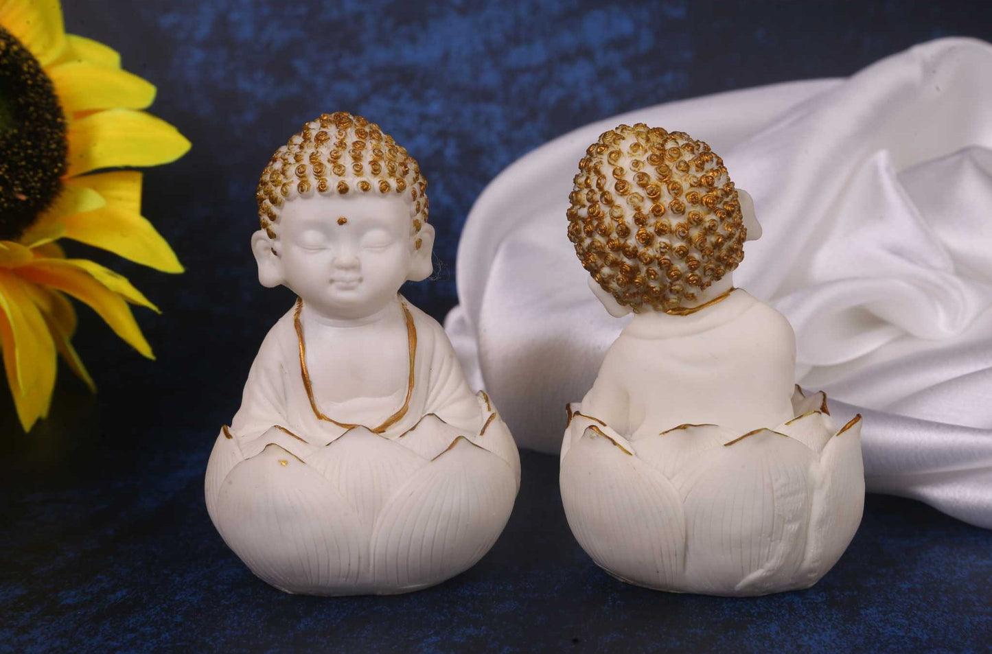 white marble dust lotus buddha pair front and back view