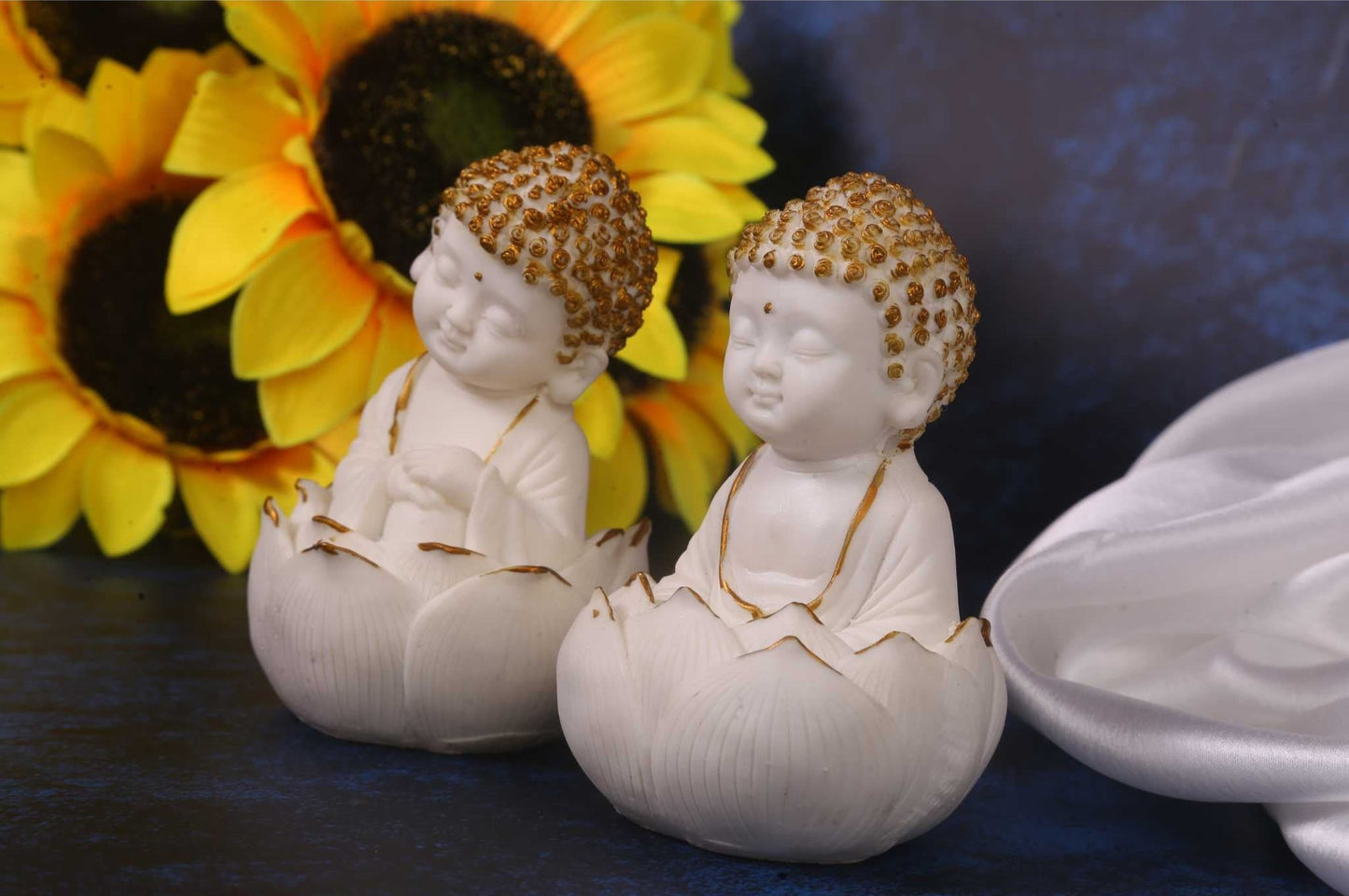 white marble dust lotus buddha pair side view