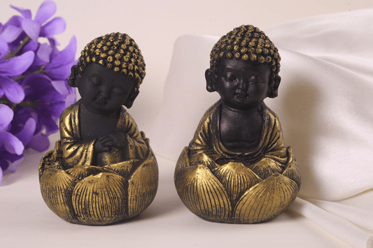 black golden resin lotus buddha pair front view