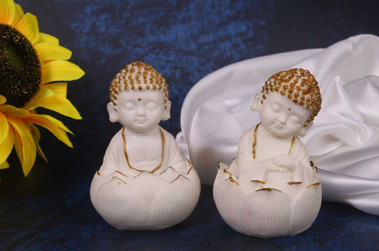 white marble dust lotus buddha pair front view