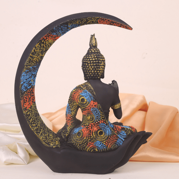 beautiful multicolour moon meditating buddha back view 